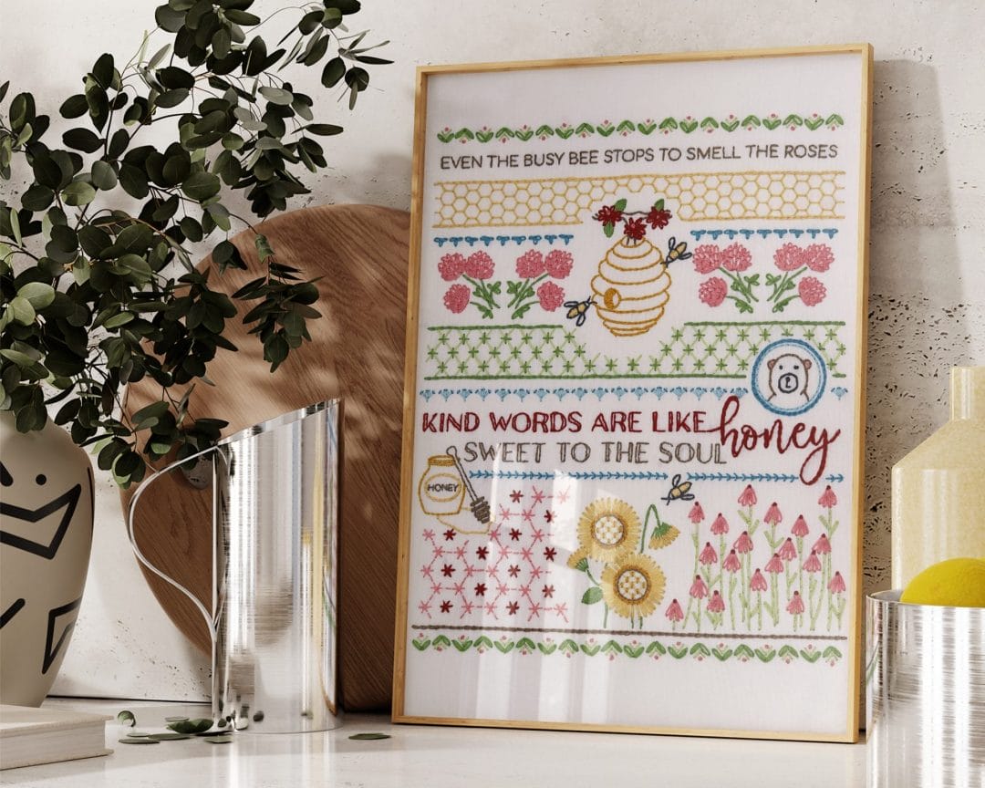 Traditional embroidery stitch sampler with honeybee themes