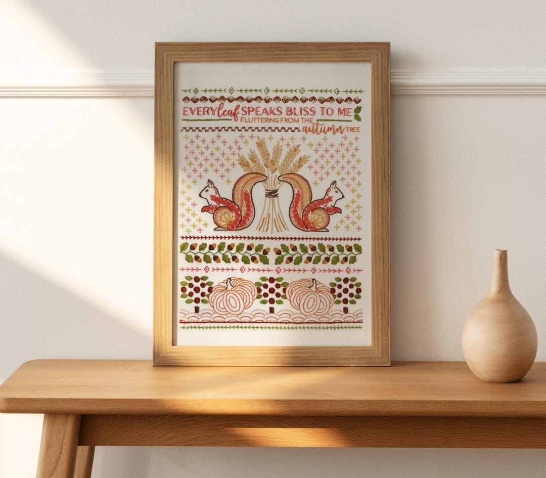 Traditional embroidery stitch sampler with fall themes