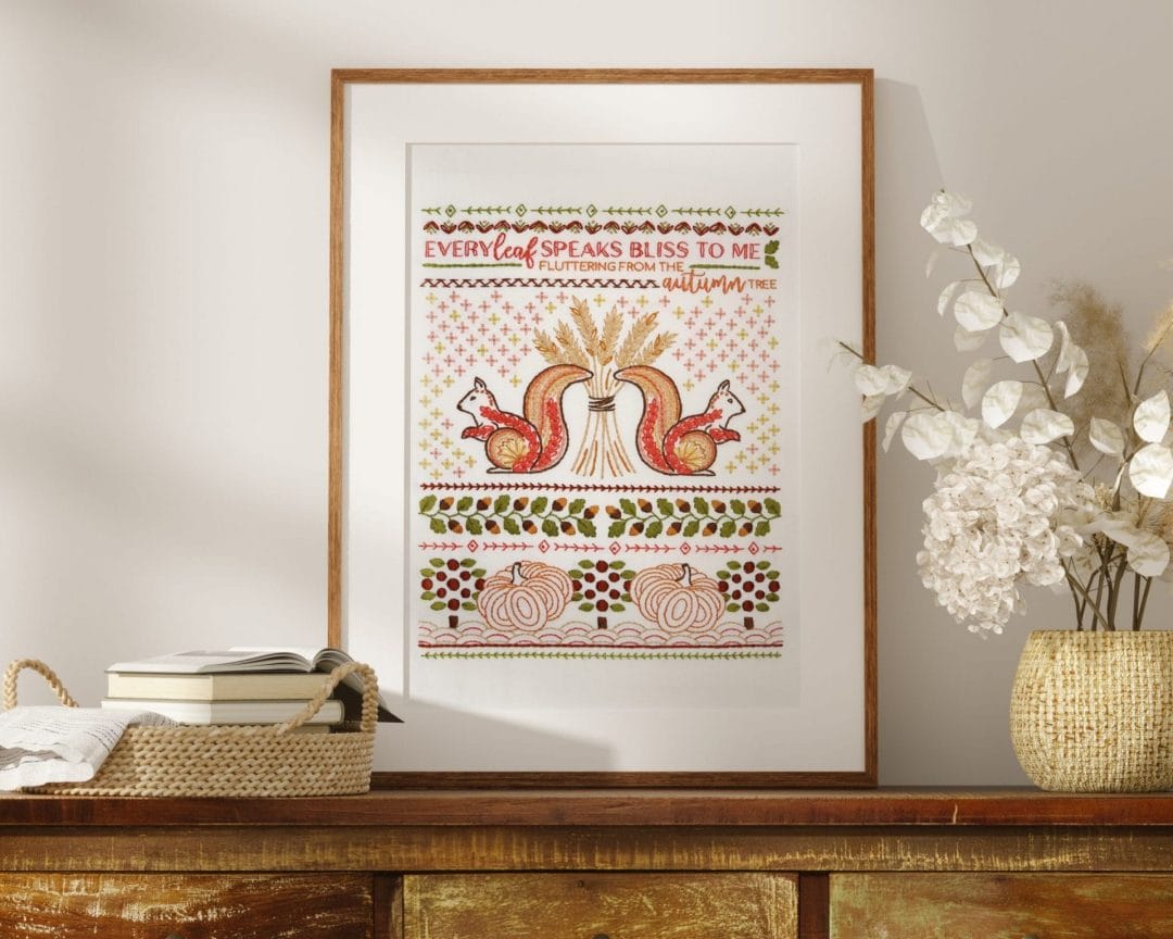 Embroidery stitch sampler with fall theme 
