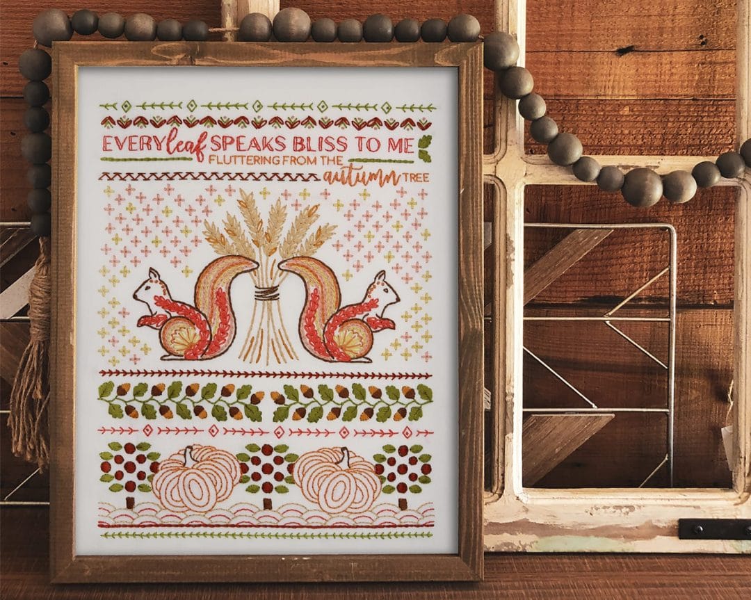 Traditional embroidery stitch sampler with fall theme