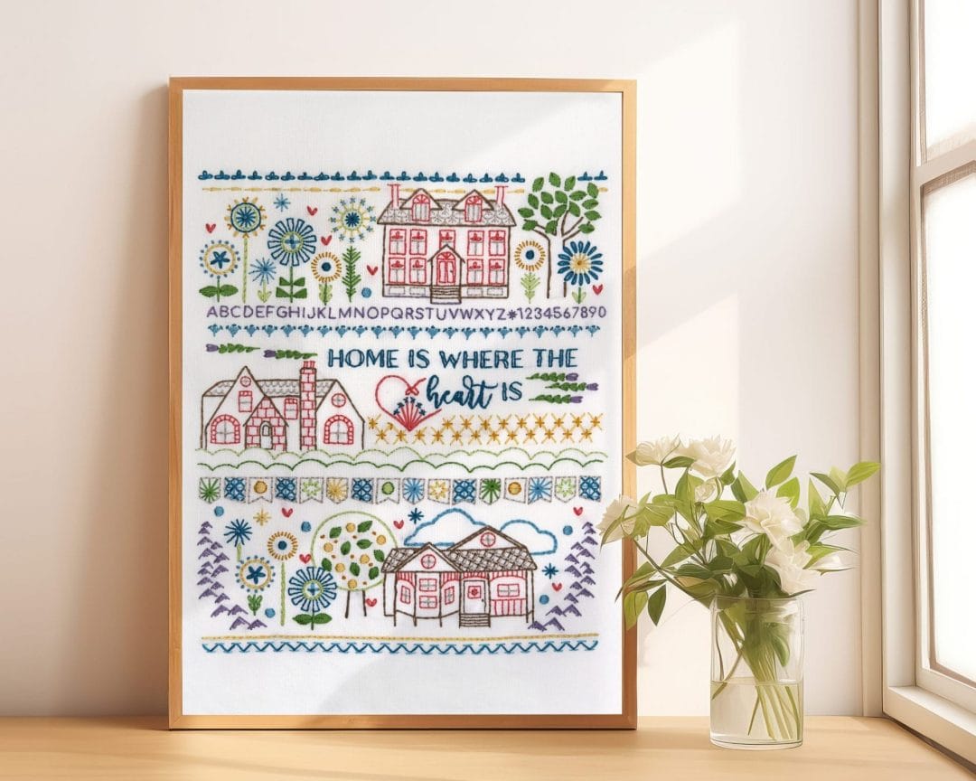 Traditional embroidery stitch sampler with home themes