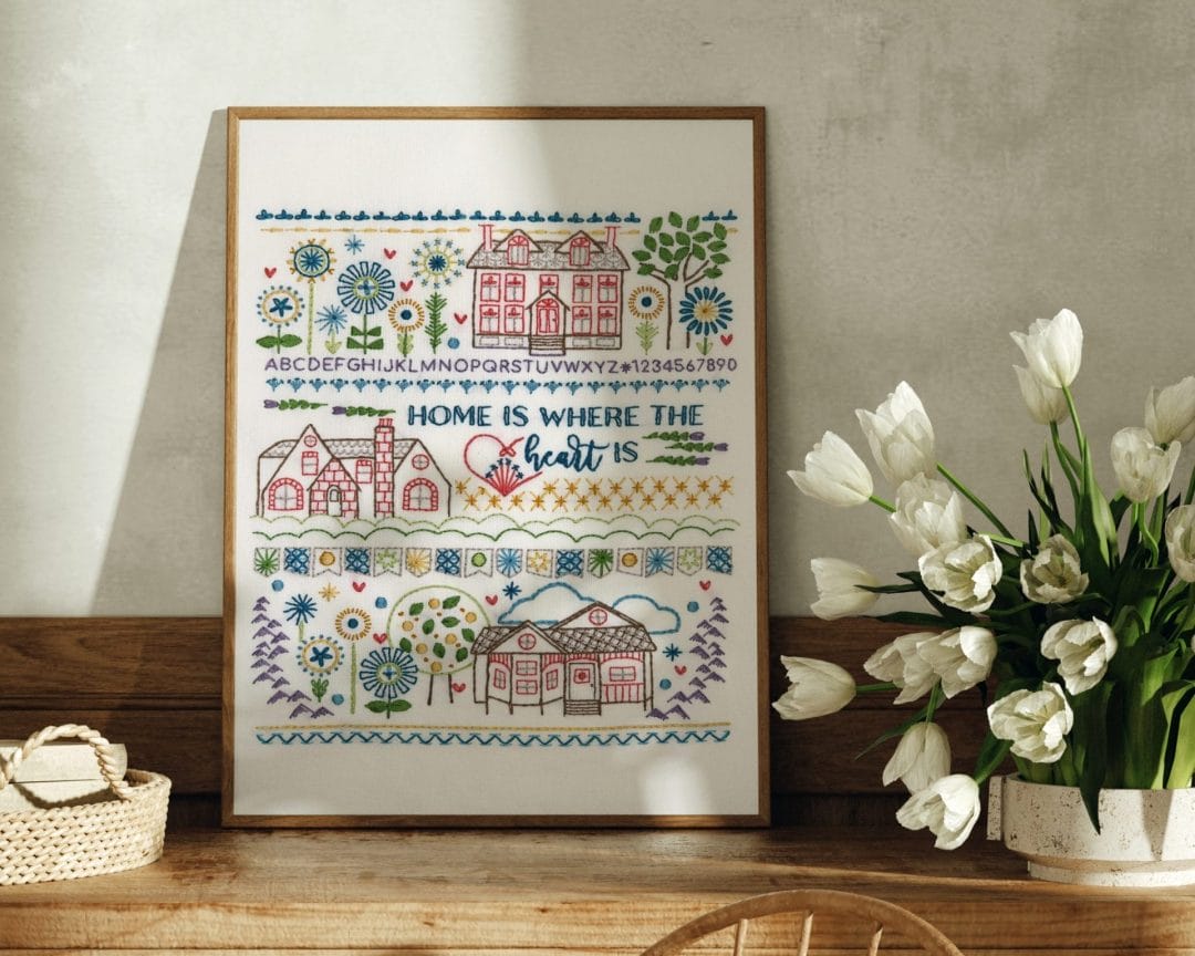 Traditional embroidery stitch sampler with home themes