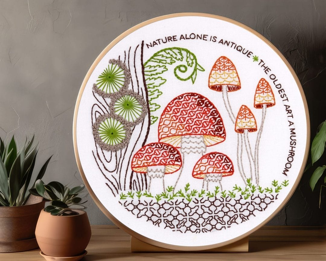 Embroidered Mushrooms hoop art framed