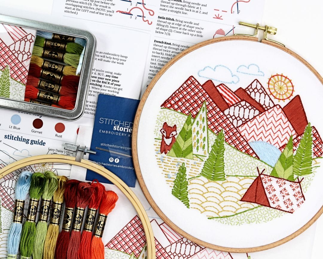 nature-themed embroidery kit with mountain landscape