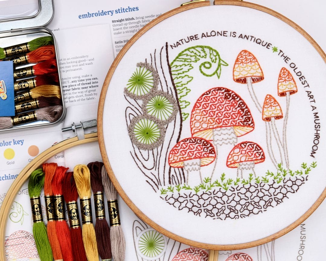 nature-themed embroidery kit with mushrooms