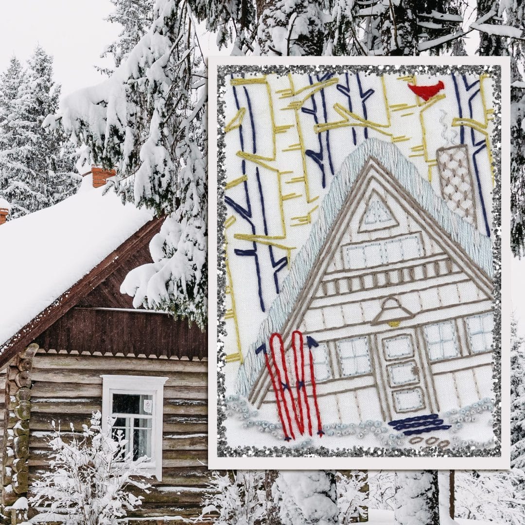 embroidered winter ski cabin  inspired by hopes of a white christmas 