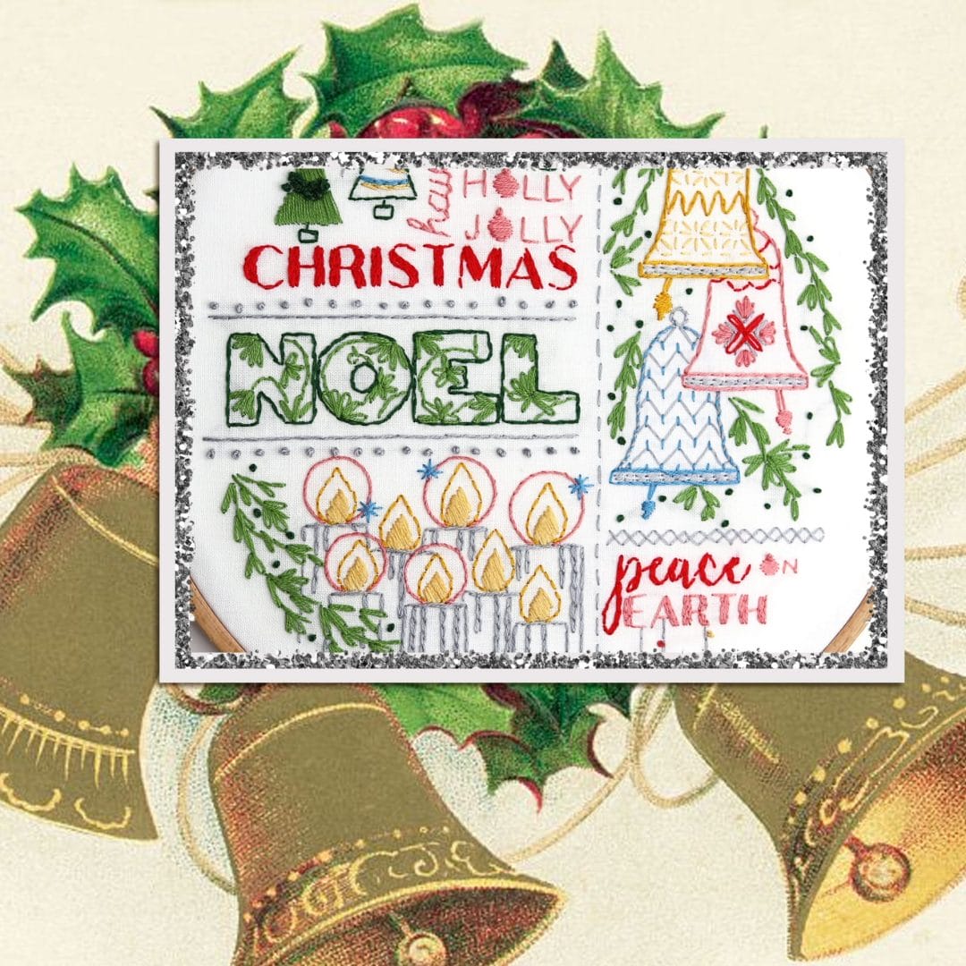 embroidered holiday word art and motifs inspired by vintage greeting cards