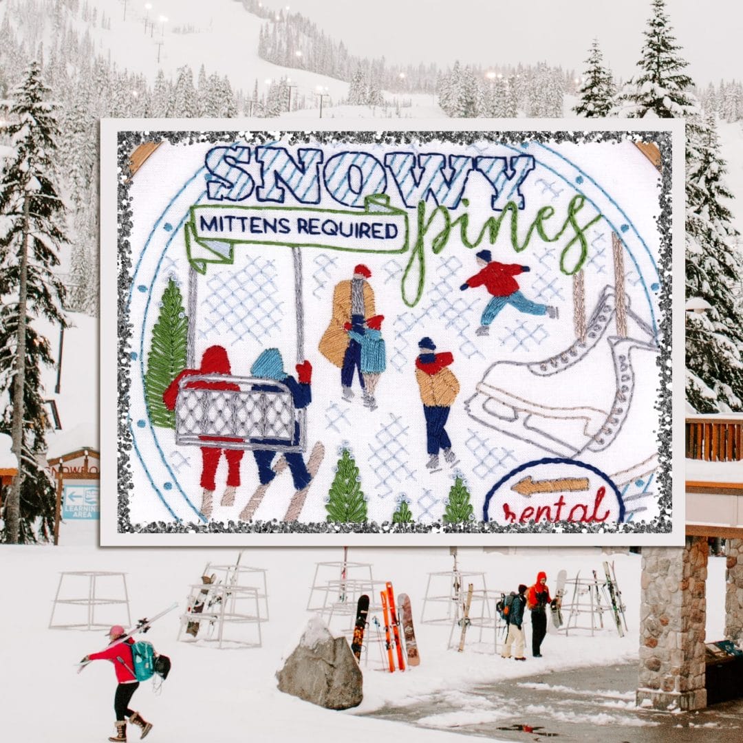 embroidered winter scene inspired by outings to ice rinks and ski slopes