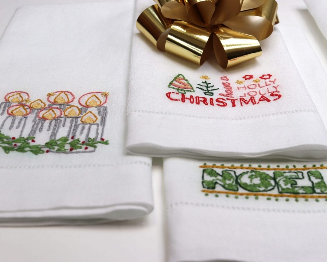 tea towels embroidered with holiday motifs