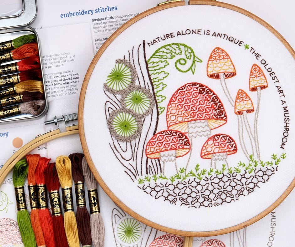 embroidery kit with mushroom motif