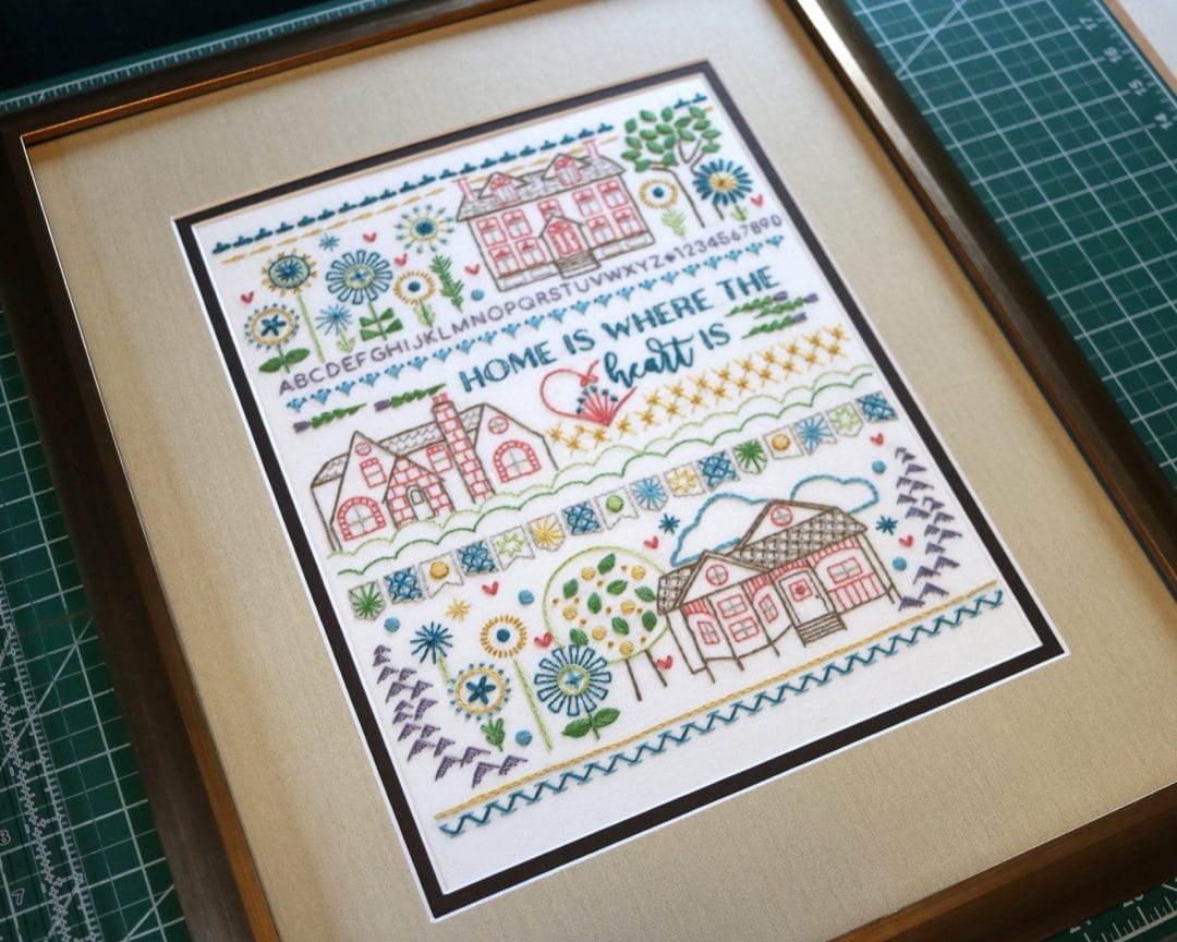 Home-themed Embroidery Stitch Sampler framed