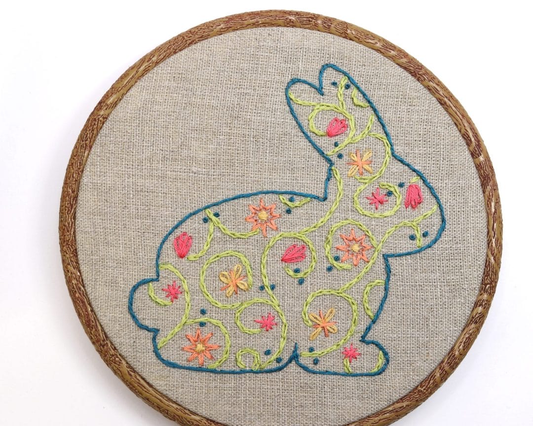 embroidered bunny hoop art stitched on natural linen