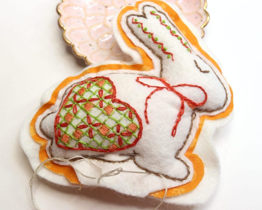 stuffed bunny embroidery project in progress