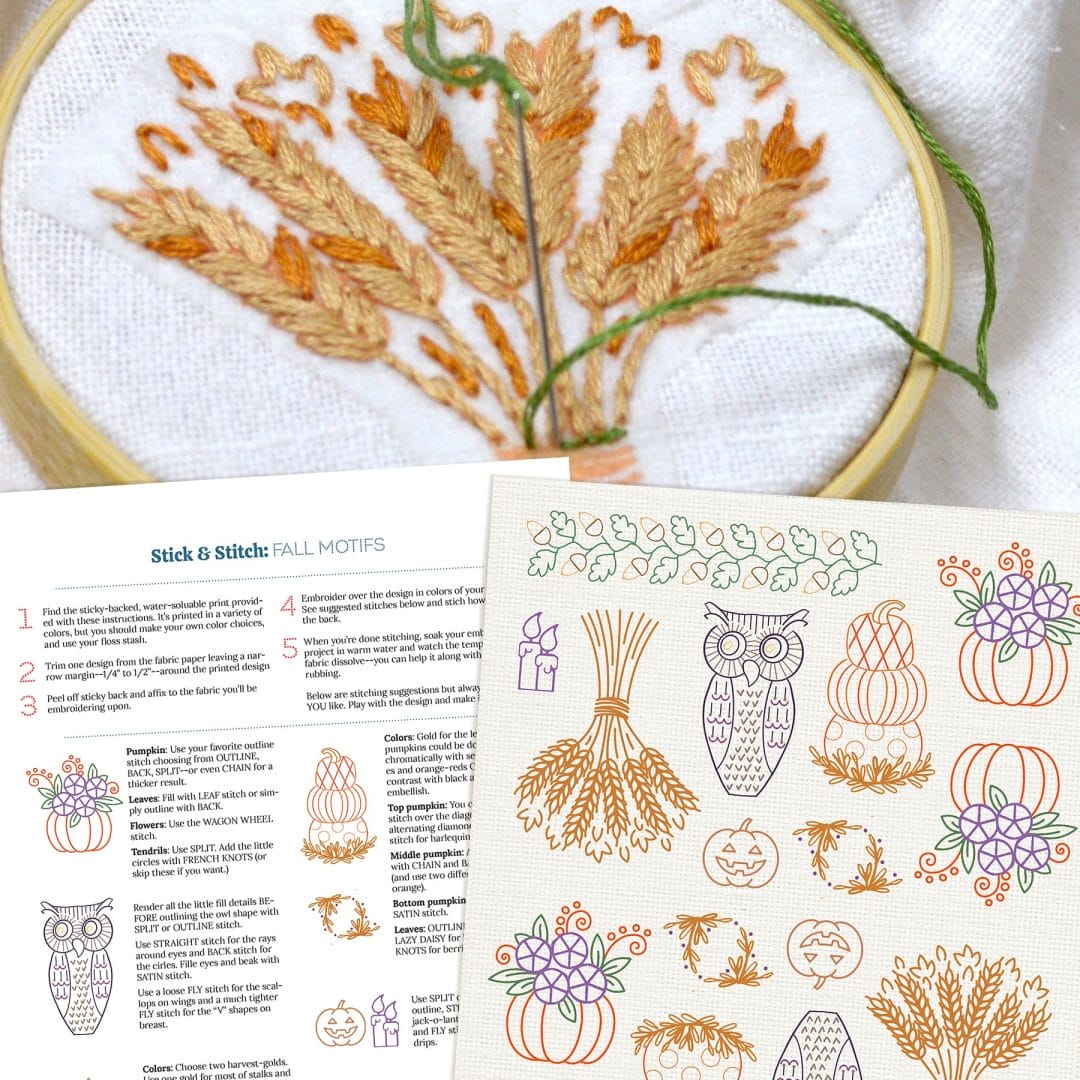 Fall embroidery of wheat sheaf on napkin.