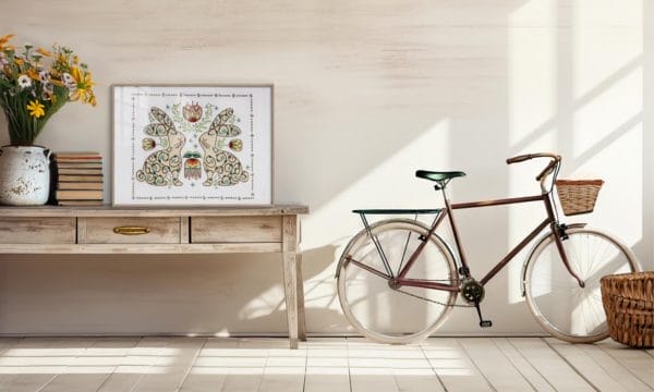 framed embroidery paired with tailored eclectic home decor