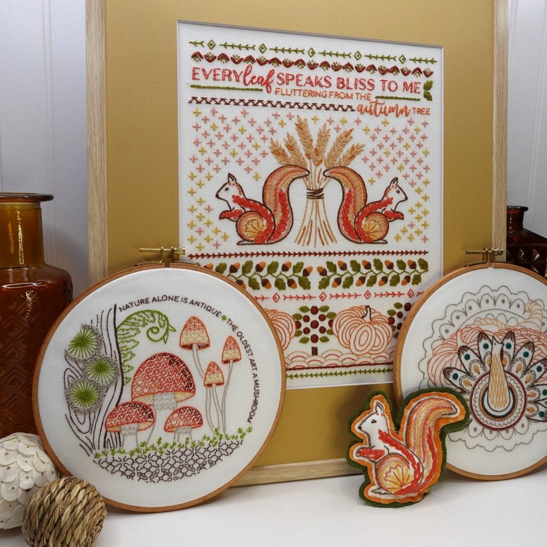 fall embroidery vignette on dispaly in home