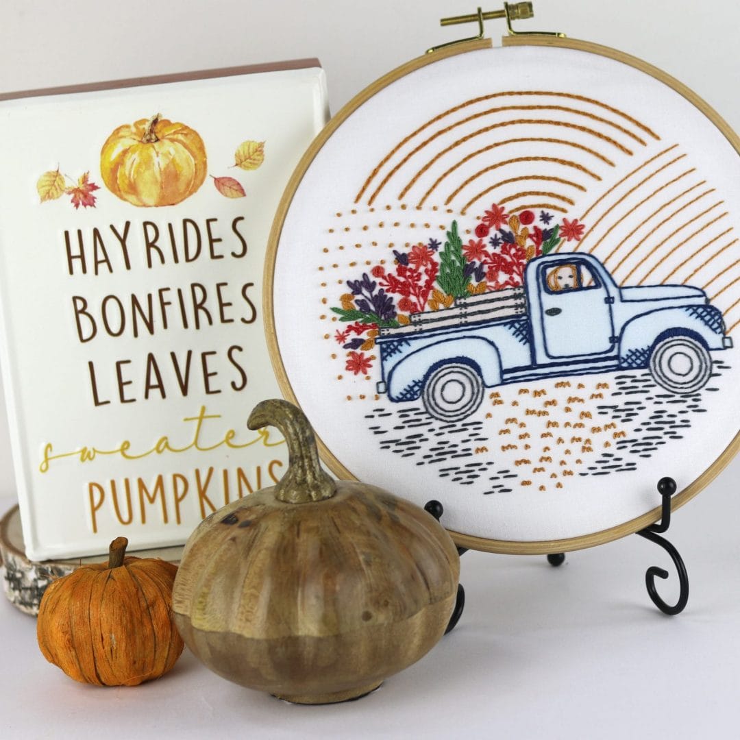 fall embroidery with vintage truck on dispaly in home