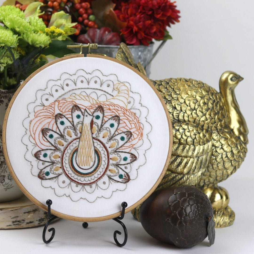 fall embroidery with thanksgiving turkey on dispaly in home