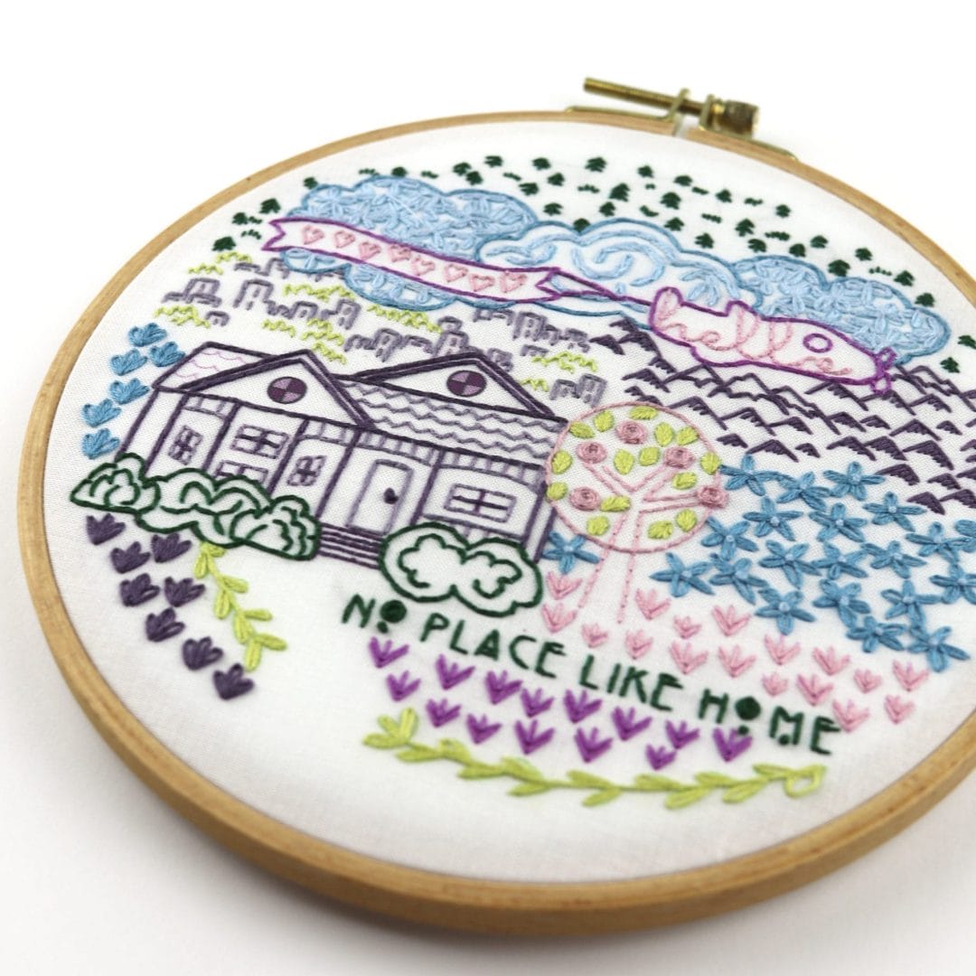 Home-themed embroidery hoop art with saying "No PLace Like Home"