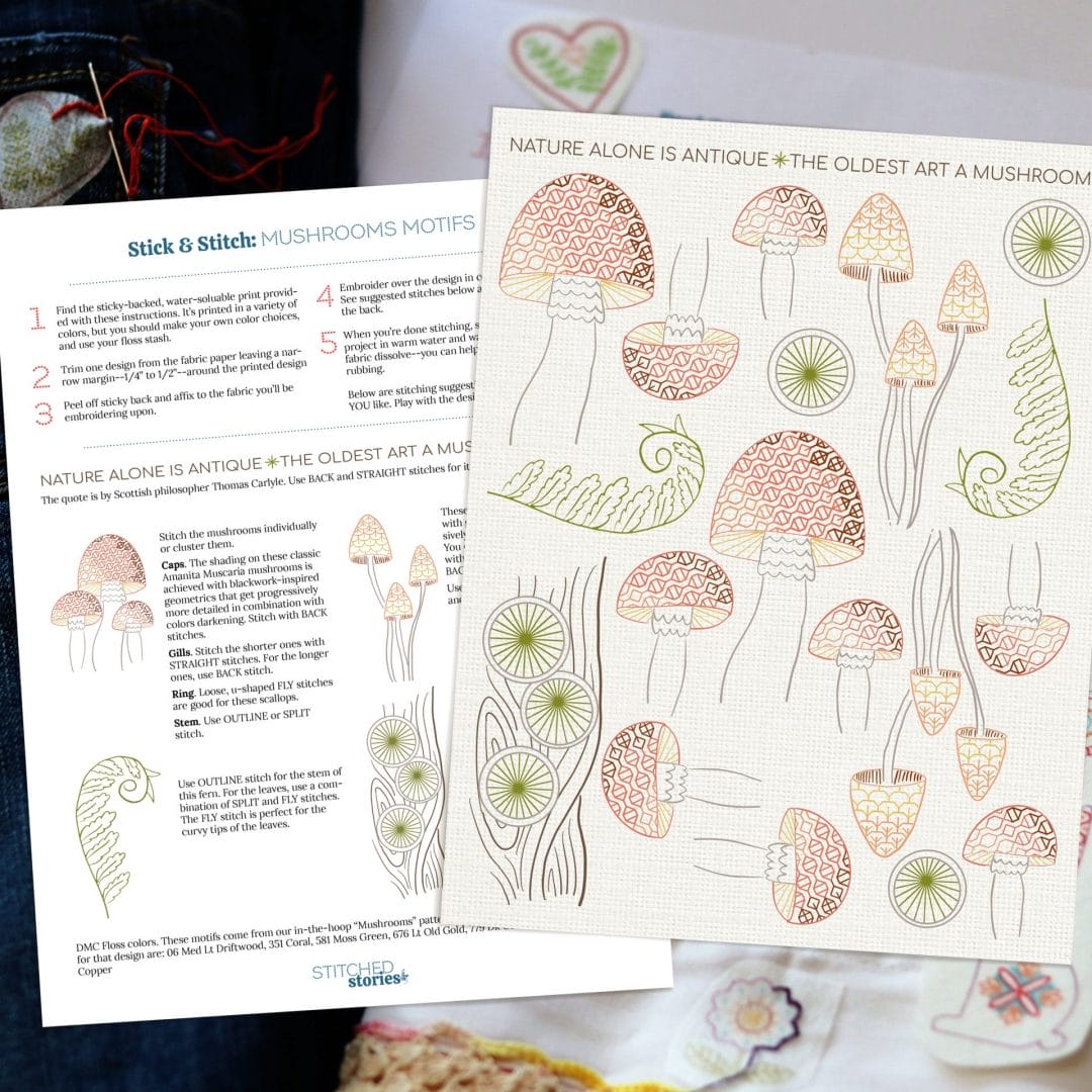 mushroom-themed embroidery hoop art on display