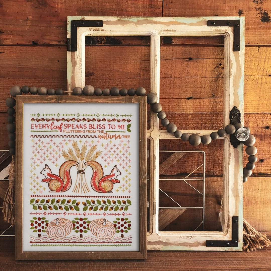 fall embroidery with squirrels on dispaly in home