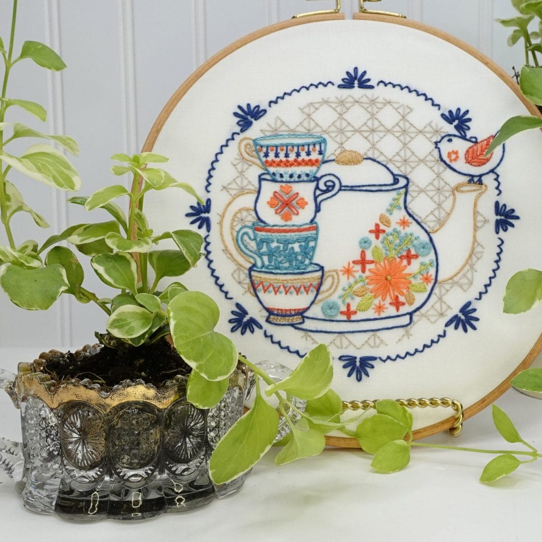 styled vignette with tea party embroidery hoopart