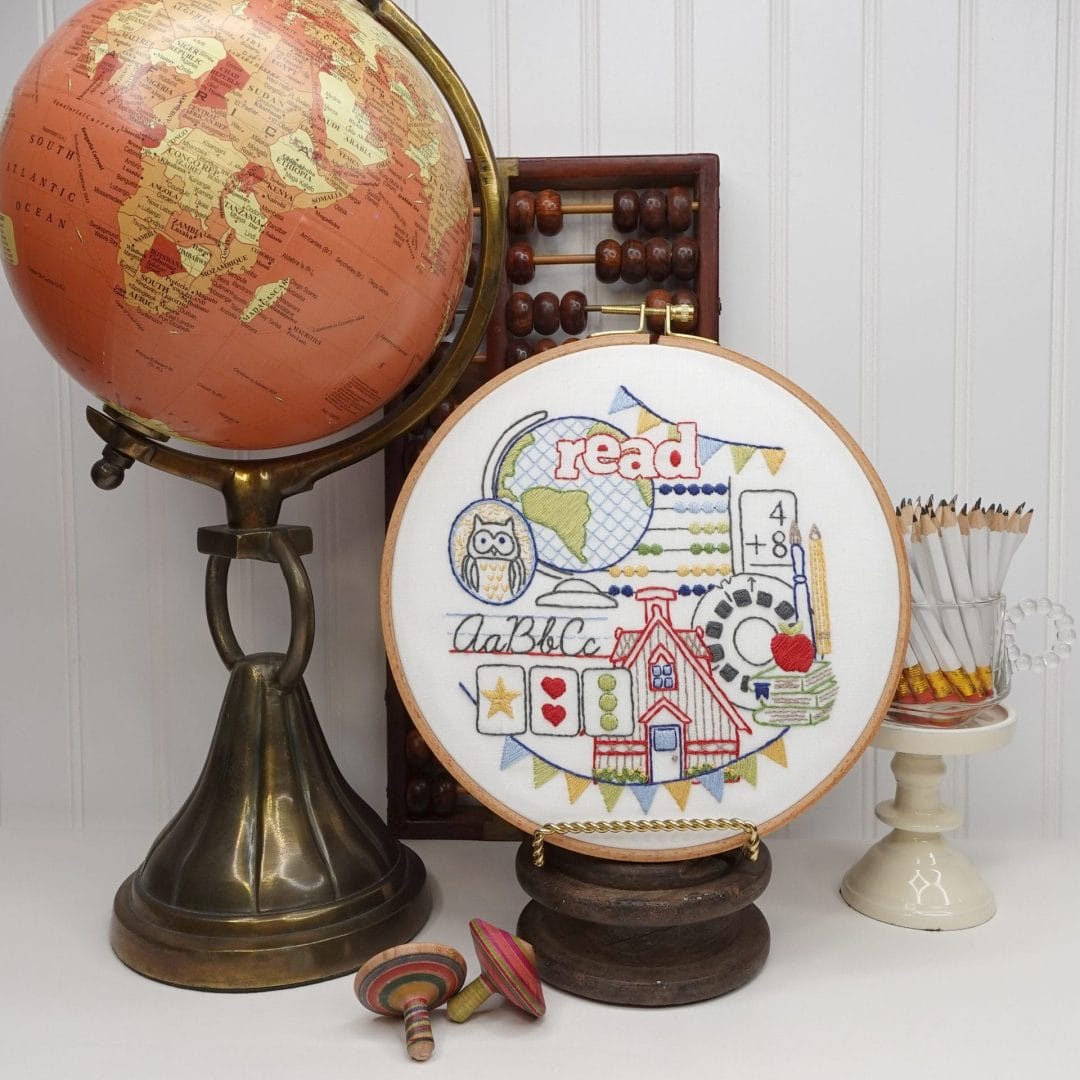 styled vignette with school-themed embroidery hoopart