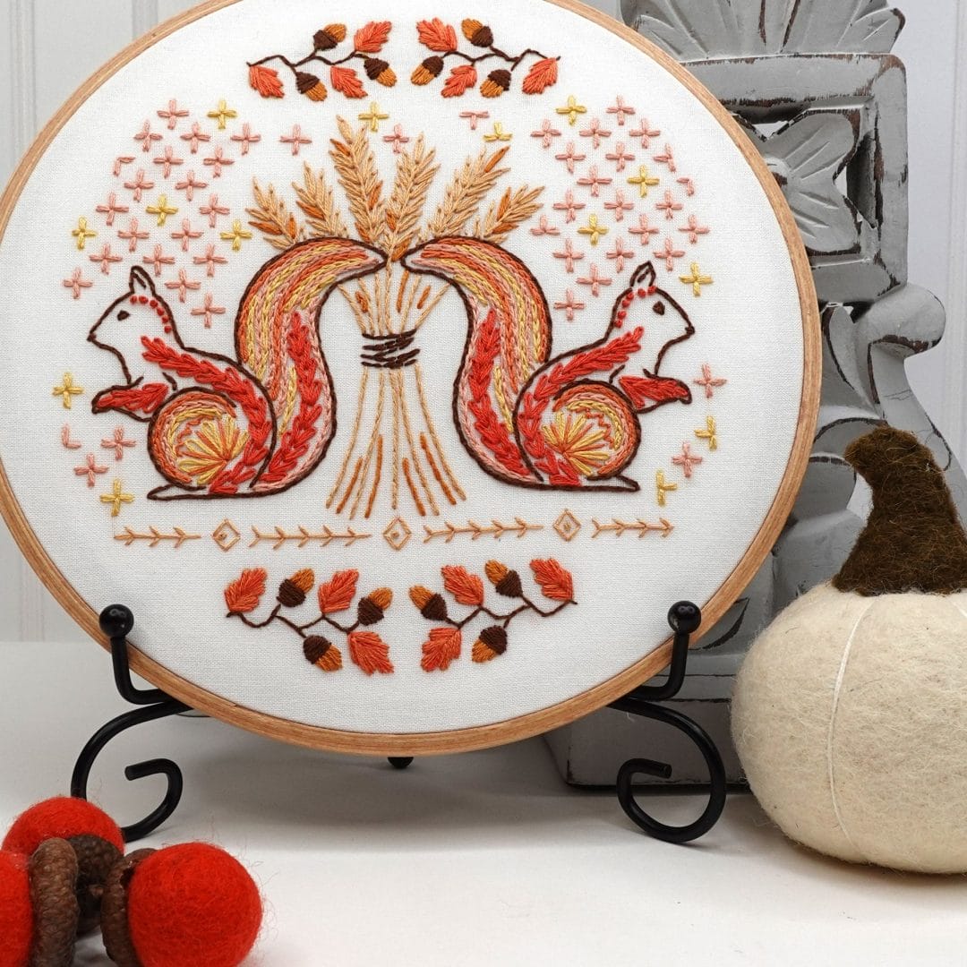 styled vignette with squirrel and acorn  embroidery hoopart