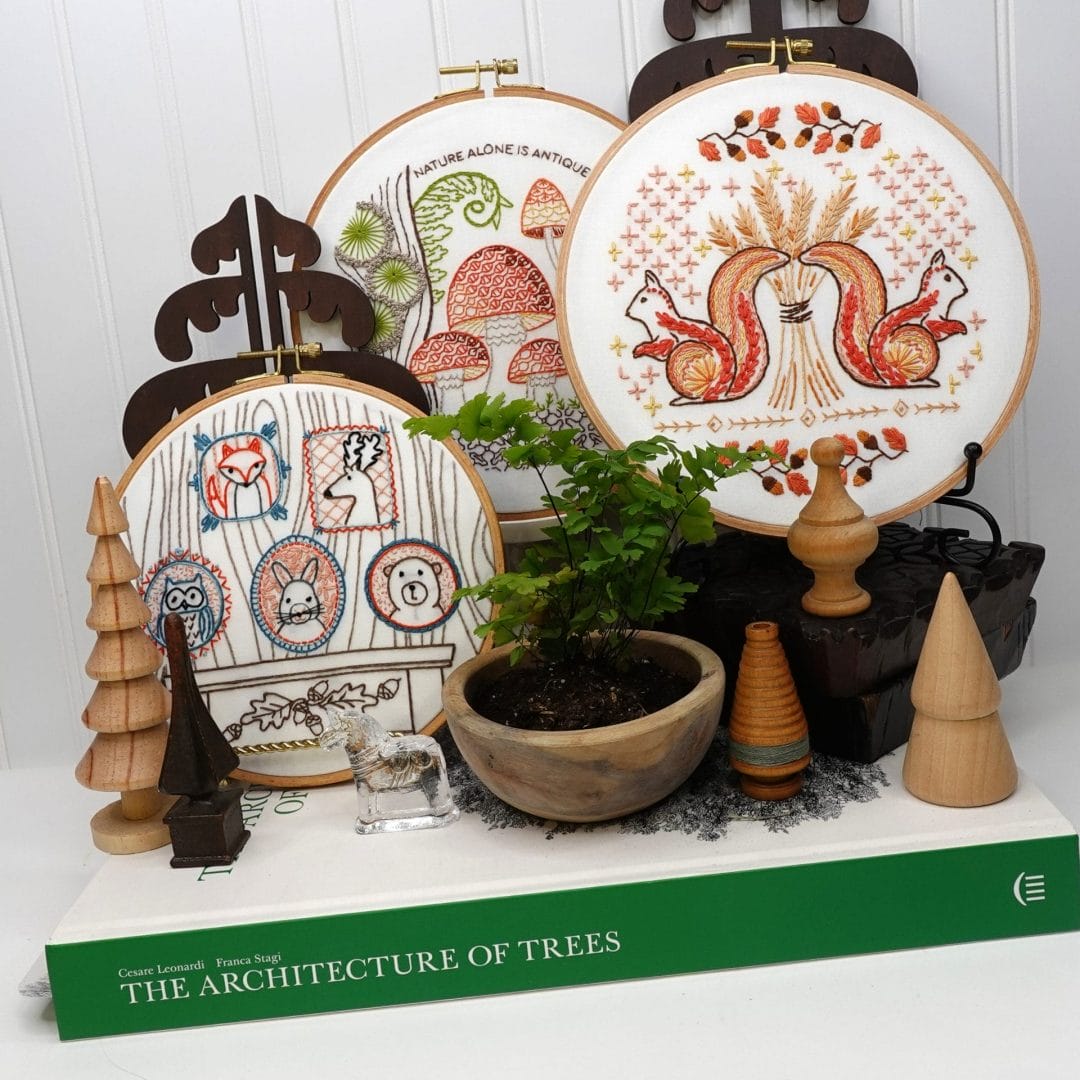 styled vignette with woodland-inspired embroidery hoopart