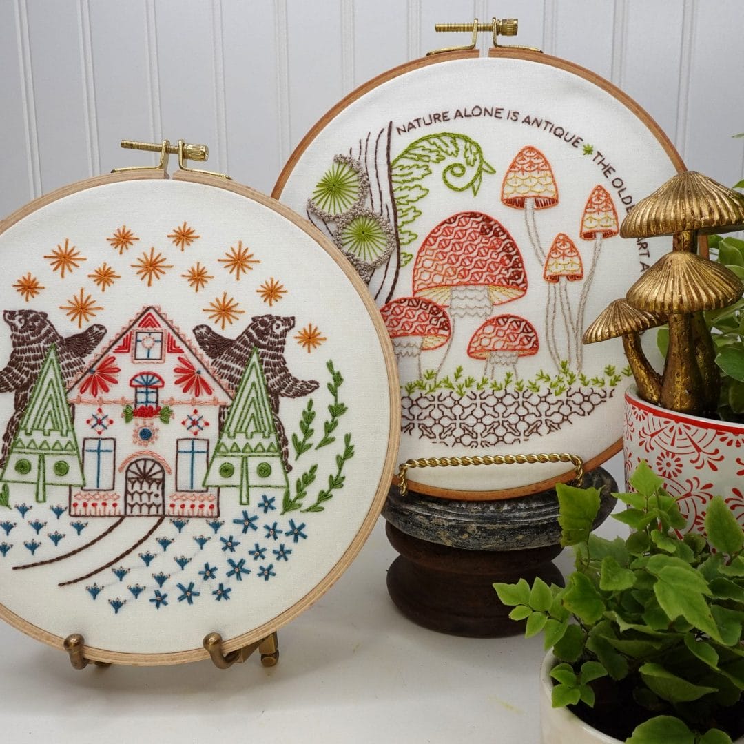 Forest folklore inspired hoopart with dancing bears and mushrooms.